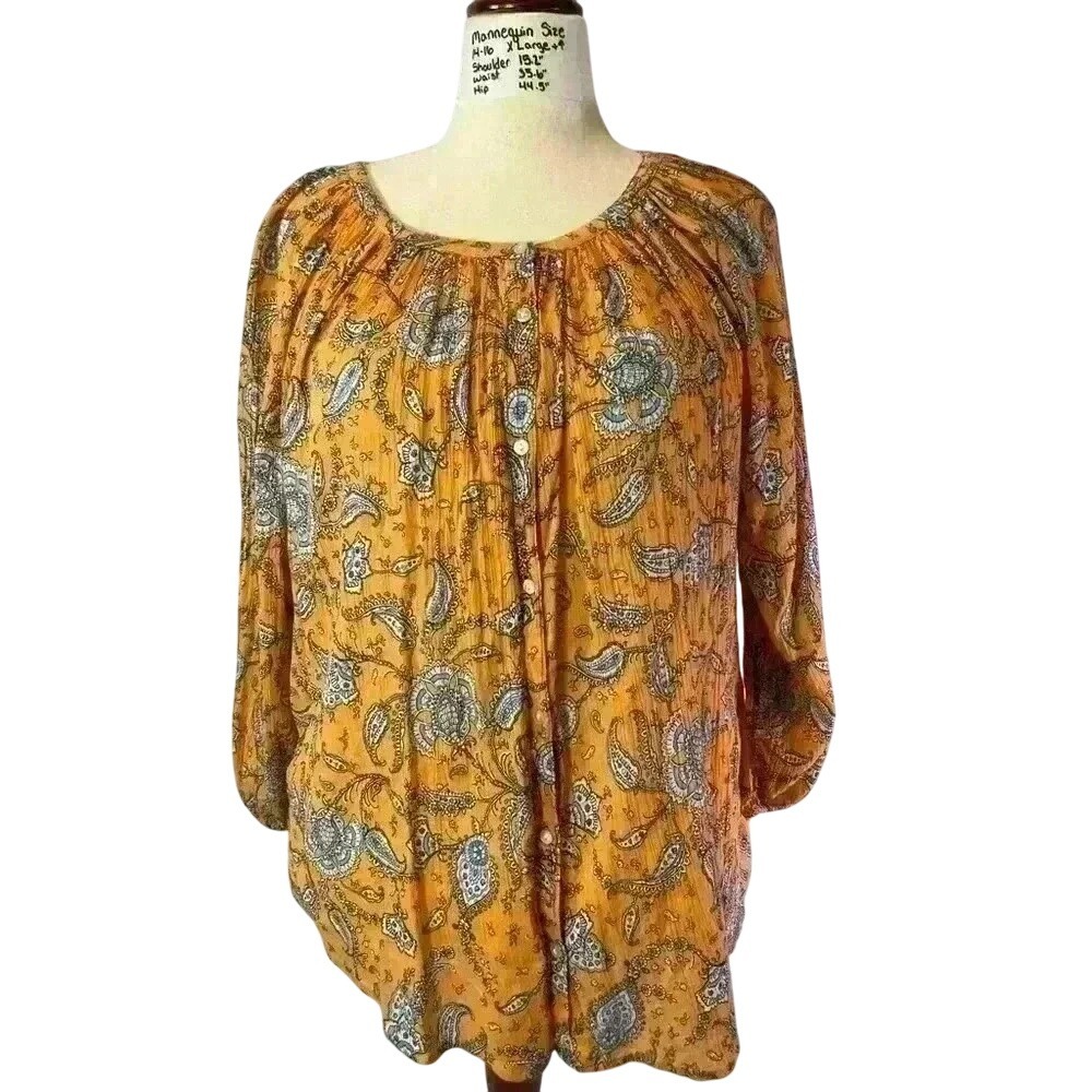 Mustard Yellow Paisley‎ Floral Crinkle Gauze Button Front Peasant Blouse XL